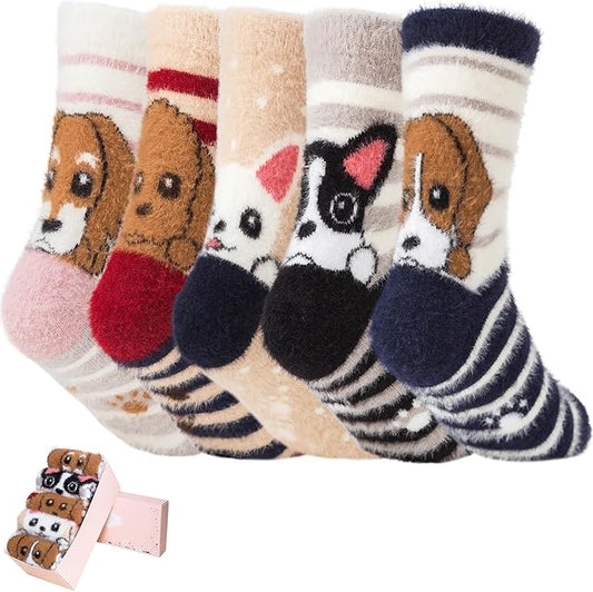 ICEIVY 5 Pair Fuzzy Cozy Socks for Women - Warm Comfy Soft Casual Home Sleep Winter Wool Socks - Gifts for Women