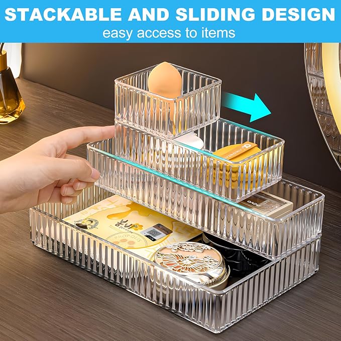 HOTOOLME 14PCS Clear Drawer Organizers Bins, 4 Size Clear Makeup Drawer Organizer, Stackable Vanity Drawer Organiser Trays, Bathroom Drawer Storage for Cosmetics, Office Supply