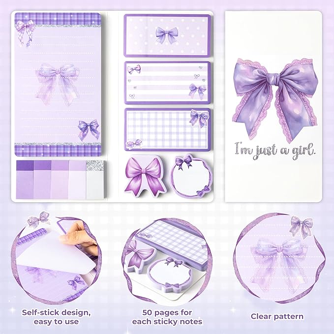 Xqumoi Coquette Purple Bow Sticky Notes Set - I’m Just A Girl Self-Stick Note Pads Bowknot Notepads Writing Memo Pad Page Marker Bookmarker Preppy Girly Stuff Back to School Office Supplies Gift