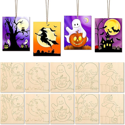 COCHIE 10PCS Large Halloween Unfinished Wood Crafts to Paint for Adults Kids, Bulk Predrilled Wooden Ornaments for Painting, Ghost Witch Bats Paintable Wood Slices Craft Supplies with Ropes