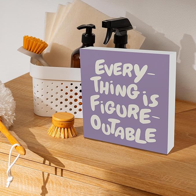 Inspirational Purple Office Decor, Every Thing is Figure Outable Motivational Office Accessories Wooden Box Sign, Inspirational Gifts for Women, Men Wall Desk Shelf Tabletop Decoration 8x8In