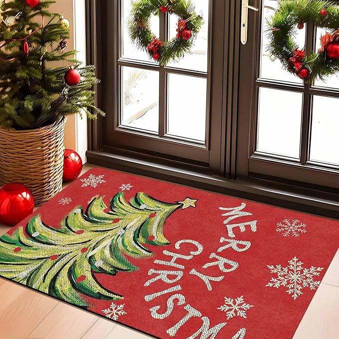 InterestPrint Christmas Doormat Outdoor Entrance Non-Slip Rug Front Porch Rugs, Christmas Tree Snowflakes Welcome Mat Front Door Rug Outdoor Funny Door Mat, 18" x 30"Inch