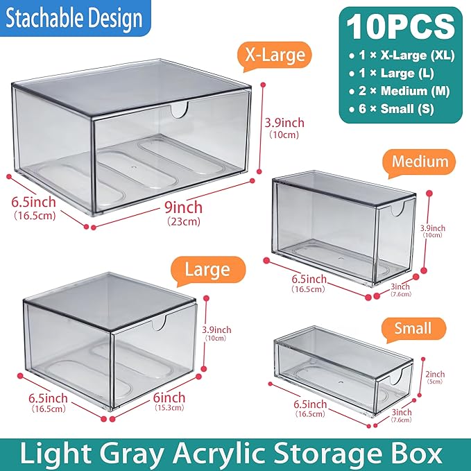 10 Pack Acrylic Makeup Organizer Clear Stackable Desk Organizers Dustproof Drawer for Make Up,Jewelry,Pen, Stationary