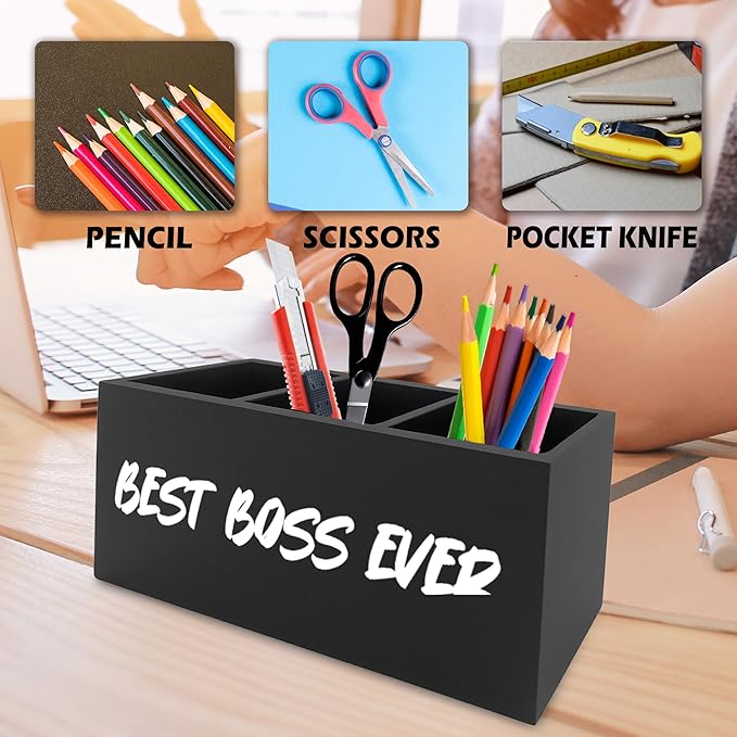 Boss Gifts Pen Pencil Holder Organizer for Desk, Bosses Leader Appreciation Gifts, Best Boss Ever Wooden Box Signs Decorations for Home Workplace Office Desk Tabletop