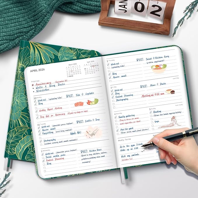 2026 Planner, 12 Month Weekly and Monthly Calendar 2026, Hardcover Daily Agenda Planners from Jan. to Dec, Habit Tracker Journal with Ribbon Bookmark 5.75" x 8.4"(Peacock Green)