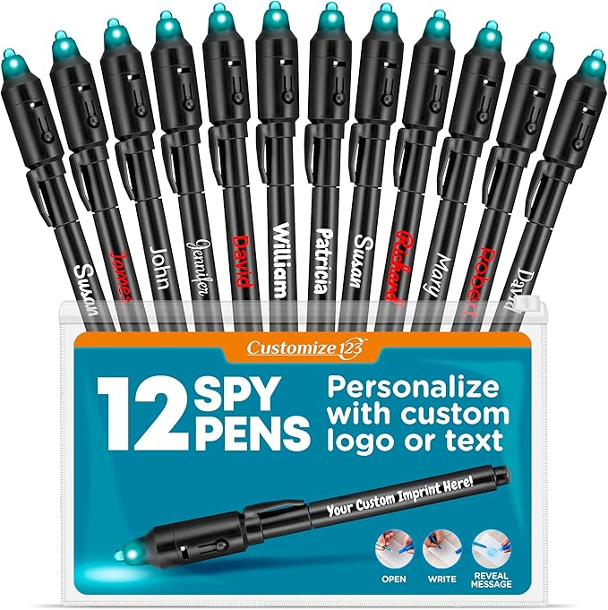 Personalized Invisible Disappearing Ink Pen Marker Pack, Custom Secret Spy Message Writer with UV Light, Fun for Kids Party Favors Gifts and Stock Stuffers, 12 Pack, Black