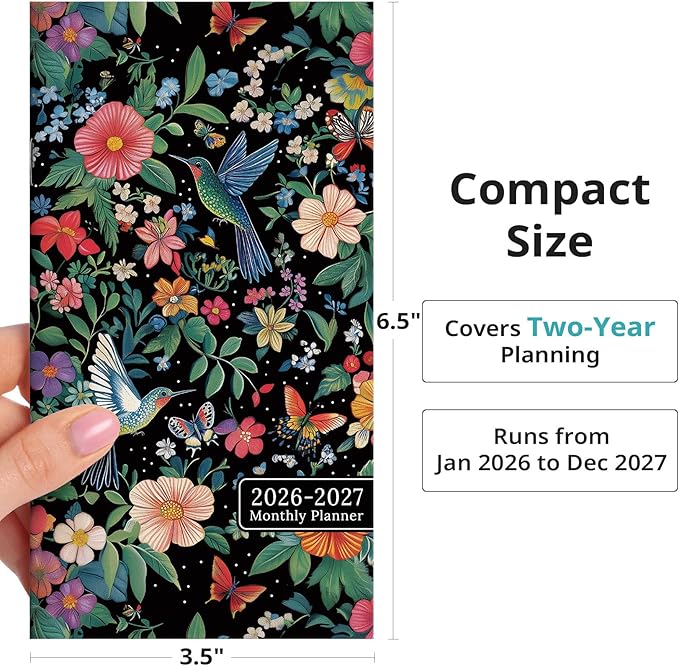Pocket Calendar 2026-2027 for Purse, Two Year Monthly Planner Pocket Size, Jan 2026 to Dec 2027 Monthly Planner Small Size (6.5" x 3.5") - Hummingbird