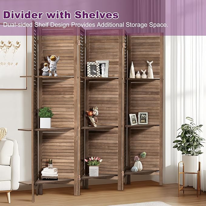 Room Divider with Shelves, 5.6FT Folding Room Divider Panel, 6 Panel Wood Partition Wall Divider for Room Separation, Dark Brown