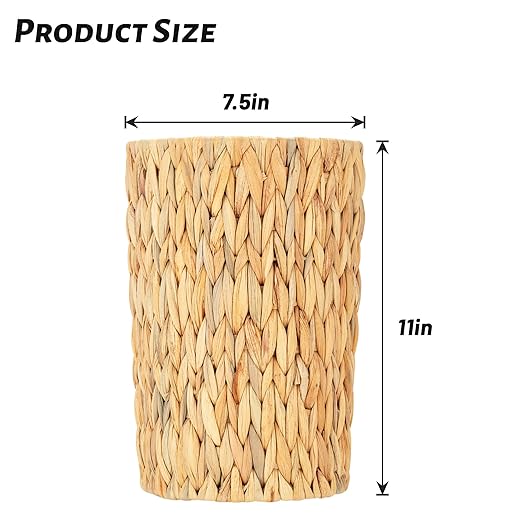 Wicker Trash Can, Bathroom Wicker Trash Can with Built-in Handle、Handwoven Water Hyacinth Trash, Living Room, Office, Kitchen, RV (1 Pack)