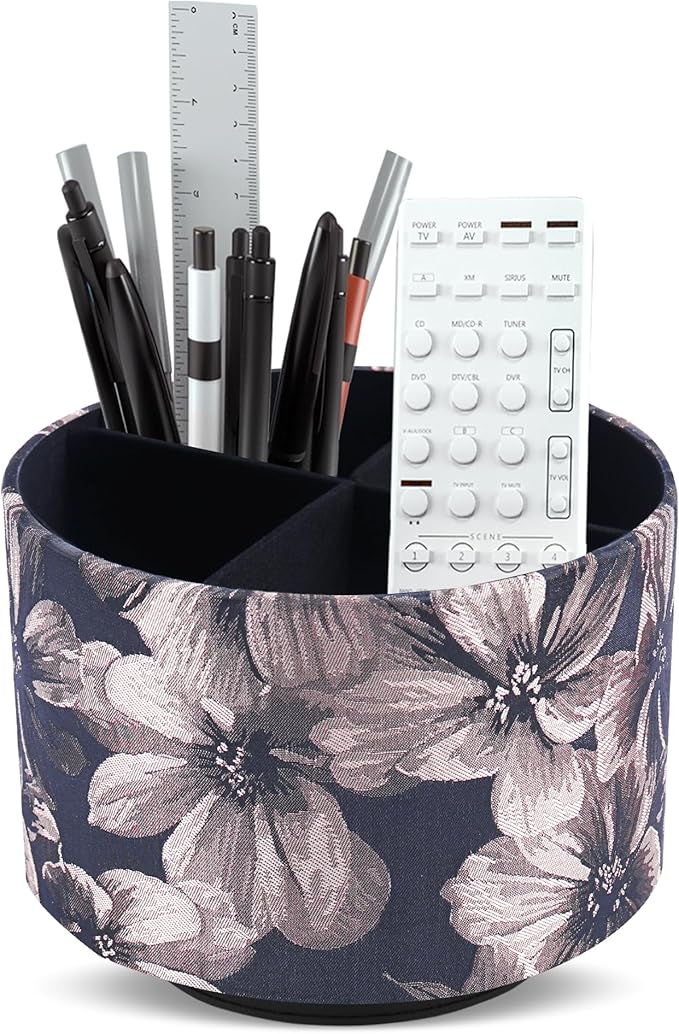 QIELIZI Round Leather Art Supply Organizer,Remote Control Holder,360 Degree Rotating,Multi-Functional Pencil Holder,4 Compartments Desktop Stationary Organizer(1-Dahlia Light Brown)