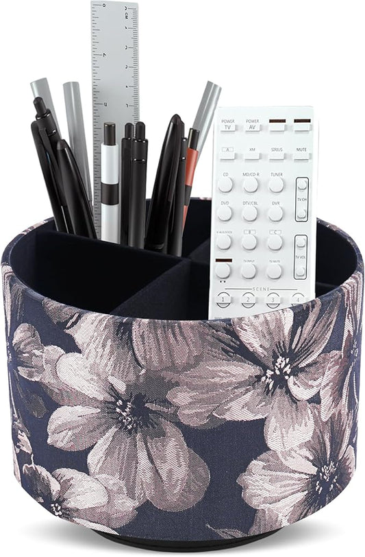 QIELIZI Round Leather Art Supply Organizer,Remote Control Holder,360 Degree Rotating,Multi-Functional Pencil Holder,4 Compartments Desktop Stationary Organizer(1-Dahlia Light Brown)