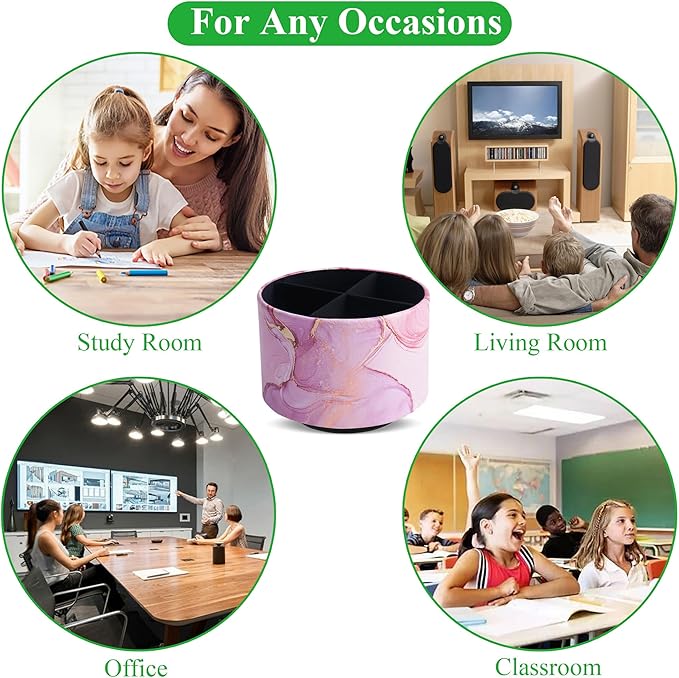 Round Leather Art Supply Organizer,Remote Control Holder,360-degree Rotating Pen Organizer with 4 Compartments(1-Pink Splash Ink)