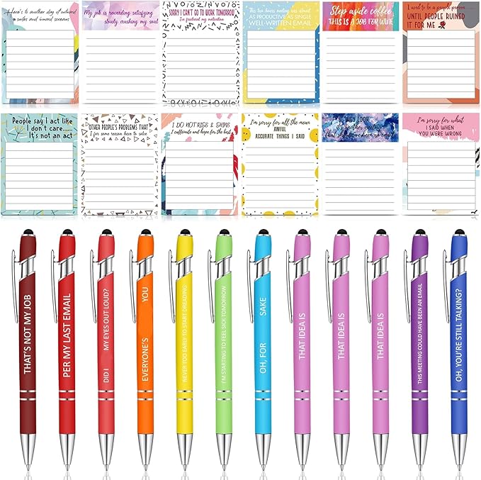 Geyee 24 Pcs Funny Sticky Notes with Funny Pens Fun Notepads for Adults Coworkers Nurse 3 x 4 Inch to Do List Notepads with Sayings Pen for Lab Week Gifts Teacher Office Supplies
