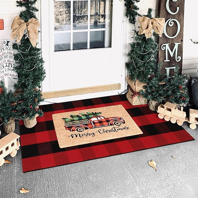 KIMODE Buffalo Plaid Outdoor Rug Red and Black 24"X51",Washable Christmas Front Door Mat,Reversible Cotton Hand-Woven Layering Rug for Front Porch Christmas Decor,Entryway,Kitchen