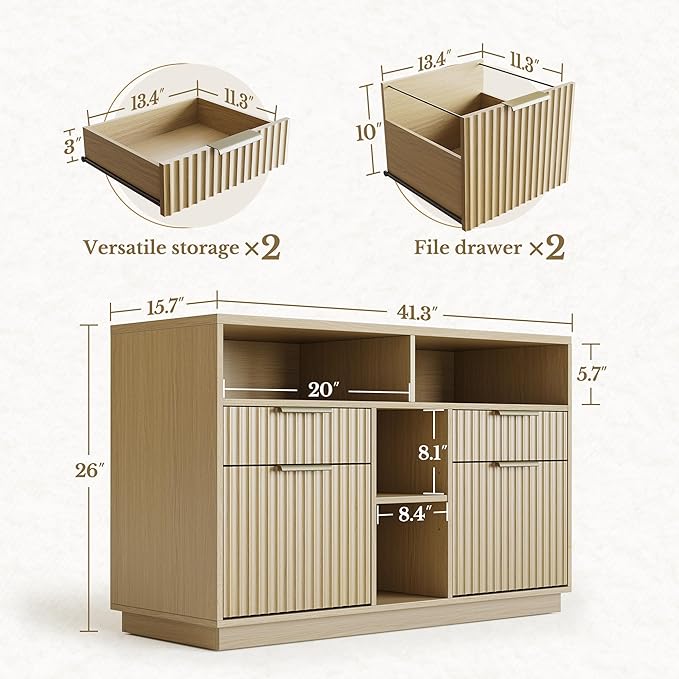 4 Drawer File Cabinet, Fluted Wood Lateral Filing Cabinet with Lock and Charging Station for Home Office, Printer Stand with Open Storage Shelves, Fits A4, Letter Size, Light Waulnut