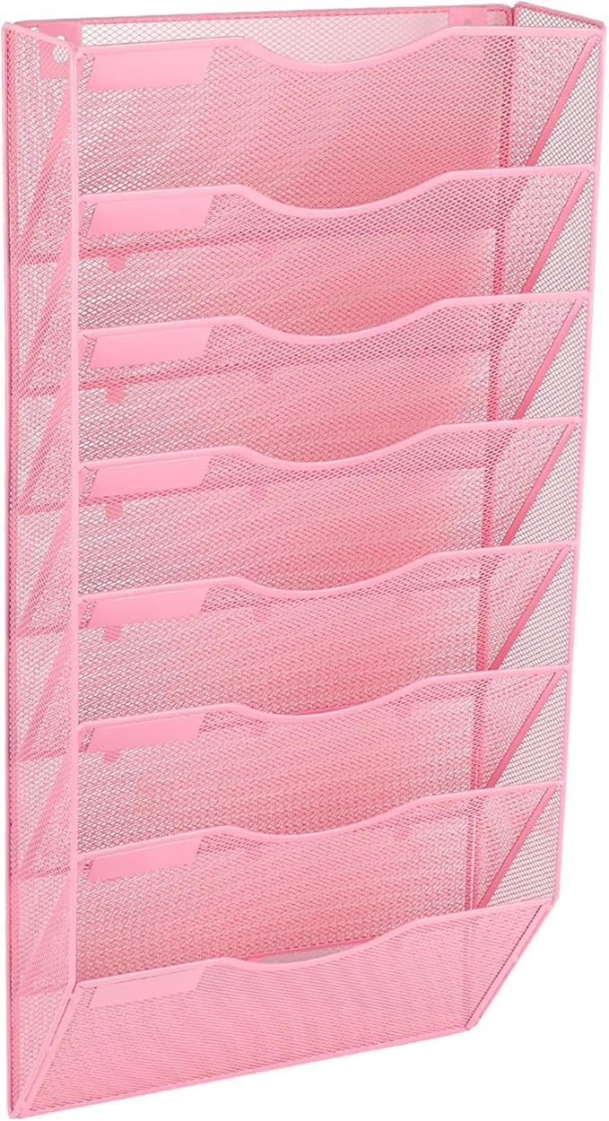 EASEPRES 8 Pocket Mesh Hanging Wall File Organizer, Wall Mounted Mail Paper Document Folder Holder, Clipboard Storage Organization Magazine Rack with Nametag Label for Office Home School, Pink