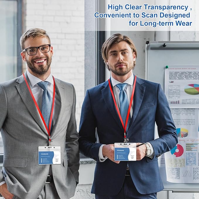 100 Pack Lanyards for ID Badges with Clear Name Tags, Reusable Lanyards Horizontal ID Card Badge Holders Plastic Name Badges for Men Women Kids Business School and Office Supplies (Red)