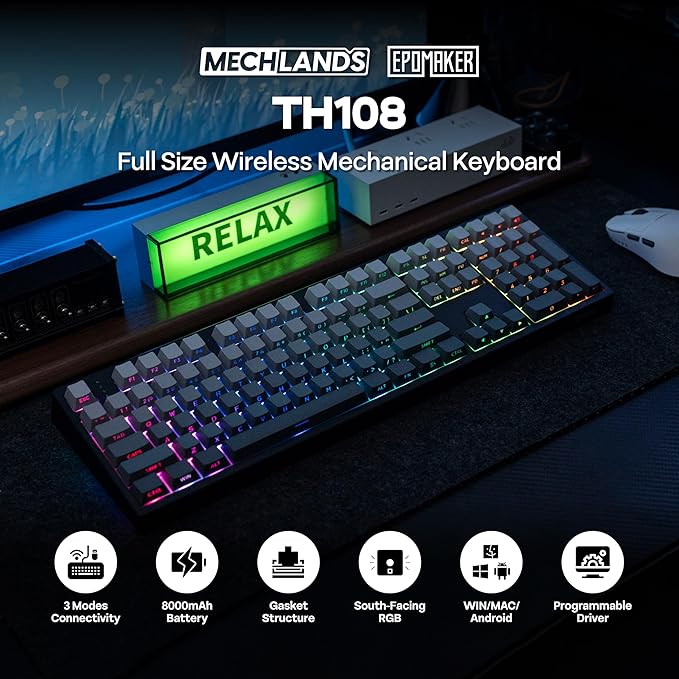 EPOMAKER TH108 Full Size Mechanical Keyboard, Wireless Gaming Keyboard, 8000mAh Battery, Creamy Gasket, 108 Keys, Hot Swap, Custom Driver, RGB Backlights (Black, Sea Salt Silent Switch)