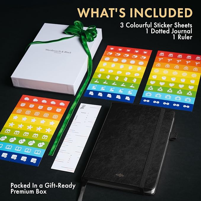 Wordsworth & Black A5 Bullet Dotted Journal 216 Dotted Pages, Hardcover Grid Dot Leather, 120 GSM Paper, Journaling Notebook for Work & Sketching, Journals for Women, Men - Gifts Box Included Black