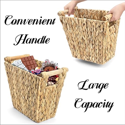 Wicker Waste Basket, Water Hyacinth Trash Can with Wooden Handles, Boho Handwoven Storage Container, Rustic Bathroom Garbage Bin, Decorative Magazine Holder for Home, Bedroom, Laundry, Office