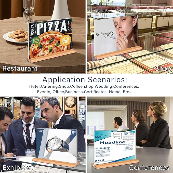 Kersally Acrylic Sign Holder 7 x 5'',6 Pack Double-Sided Clear Table Display Stands with Wood Base,Horizontal Acrylic Frame Menu Flyer Paper Holder for Store, Restaurant, Hotel, Office, Show Fair