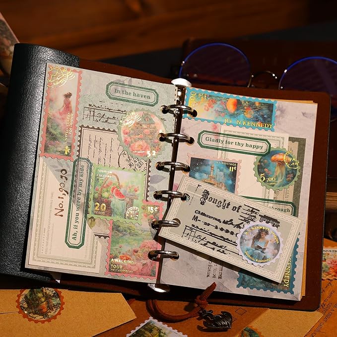 120Pcs Stamp Washi Stickers, Gold Foil Designs for Scrapbooking, DIY Crafts, Vintage Journaling Supplies, Junk Journal Ephemera, Includes Organizer