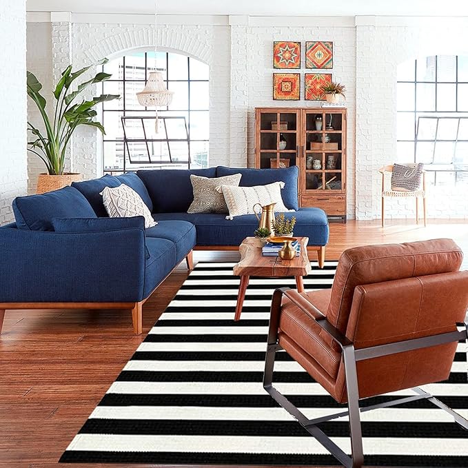 CAINANEL Black and White Area Rug 5' x 7' Indoor Outdoor Rug Hand Woven Farmhouse Striped Rug Outdoor Reversible Mat for Front Porch/Dining Room/Bedroom/Kitchen/Living Room Rug