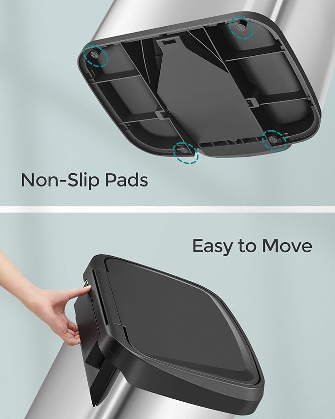 SONGMICS Kitchen Trash Can, 13 Gallon (50 L) Stainless Steel Garbage Can, with Stay-Open Lid and Step-on Pedal, Soft Closure, Tall, Large and Space-Saving, Silver and Black ULTB530E50