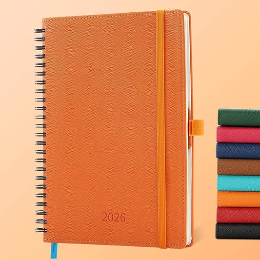 Planner 2026 Daily Weekly and Monthly,8.5"x6.5",12 Months Spiral Bound Calendar Agenda with Self-adhesive Pen Holder,2026 Appointment Book with Vegan Leather Soft Cover,Orange