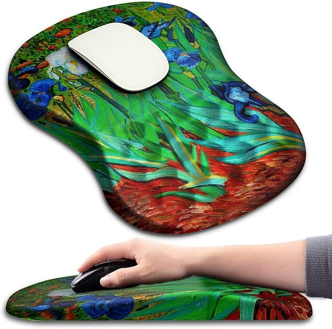 Hokafenle Ergonomic Mouse Pad Wrist Support with Massage Design, Wrist Rest Pain Relief Mousepad with Memory Foam&Non-Slip PU Base, Mouse Pads for Wireless Mouse & Desk(12x8 inch,Vangogh Iris Flower)