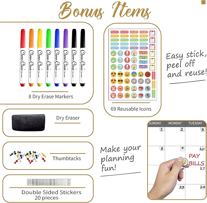 CLEVER CLEAN Large Dry Erase Wall Calendar - 36"x72" Undated 3-Month Calendar for Home, School, Office Projects - Jumbo Reusable Task Organizer