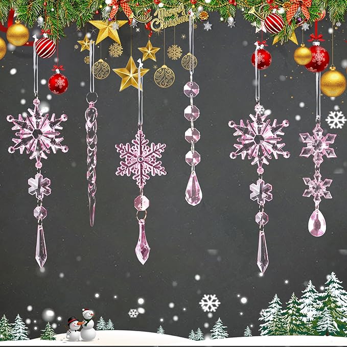 32pcs Crystal Christmas Ornaments for Christmas Tree Decorations-Pink Hanging Acrylic Snowflake and Icicle Ornaments with Drop Pendants for Xmas Winter Wonderland New Year Party Decorations Supplies