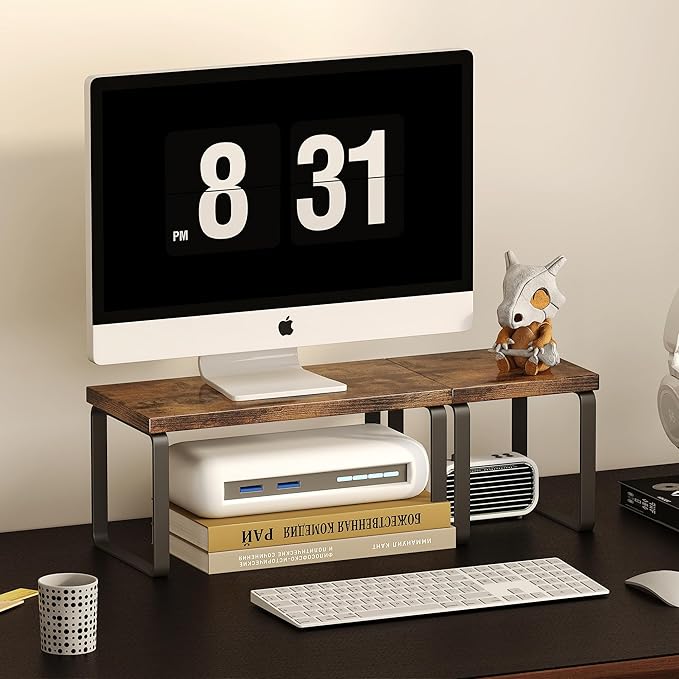 Homeiju Wooden Desktop Organizer Shelf, 2-Tier Adjustable Freestanding Bookshelf Desk Shelf, Stackable Desk Organizer for Office, Dorm, Bedroom, Space Saving, Easy Assembly, Rustic Brown (1 Pack)