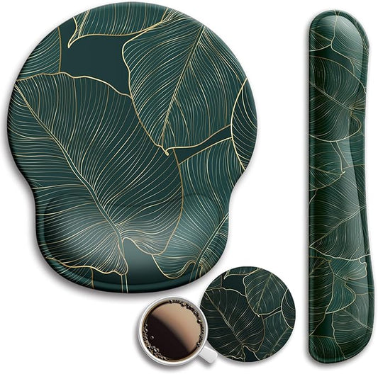 Mouse Pad and Keyboard Wrist Rest Support, with Non-Slip PU Base,Gel Mouse Pad with Coaster,Pain Relief for Gaming, Computer,Office -Green Leaves