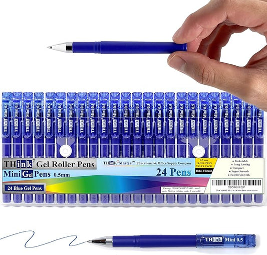 THINK2MASTER [24 Pens - Blue Ink Think2 0.5mm Pocketable Mini Gel Pens. (24 Blue) Fine Point Small Rollerball Pens with Smooth Quick Drying Ink.