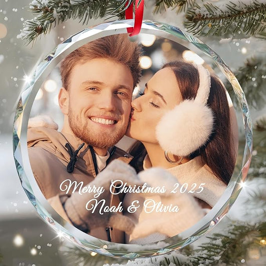 Personalized Christmas Ornaments 2025 for Familie, Custom Christmas Ornaments, Crystal Photo Ornament for Xmas, Wedding, Anniversary, Personalized Gifts for Family, Kids, Couple, Pet (3.15”)