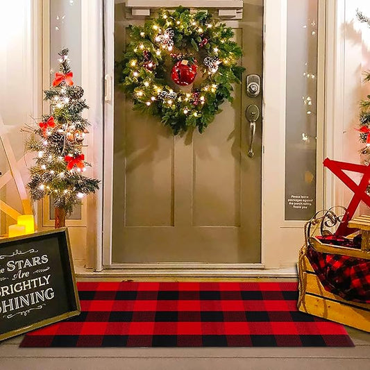 Christmas Red and White Plaid Rug, 24 x 51 Inches Cotton Hand-Woven Layered Door Mat for Front Porch, Entryway, Outdoor Holiday Decor, Washable Buffalo Check Rug for Home, Patio, Kitchen