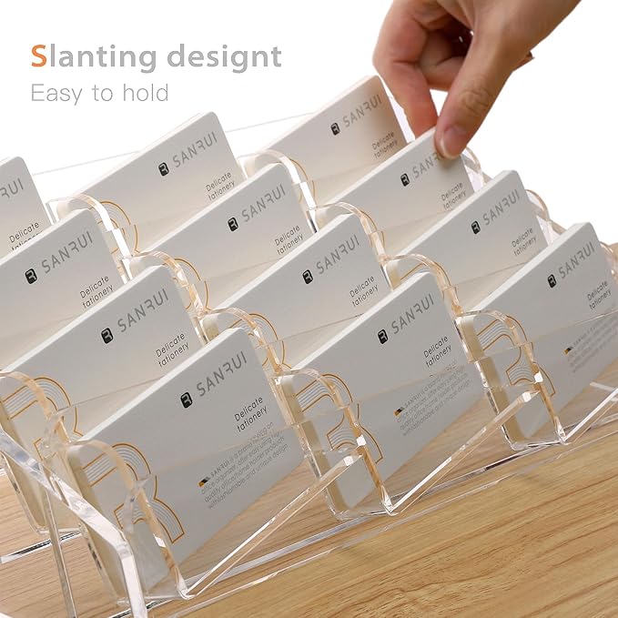 SANRUI Acrylic Business Card Holder for Desk, 4 Tier Clear Tilt Business Name Card Display Holders Stand Storage Organizer Fits720 Business Cards (Horizontal, 12-Slot)