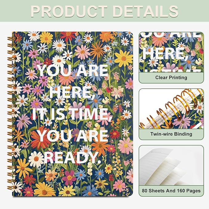 2 Pcs Inspirational Spiral Notebook - You are here, it is time, you are ready. Journaling for Work, Pretty Motivation Note Books College Study Office Supplies Inspirational Gifts for Women, Friend