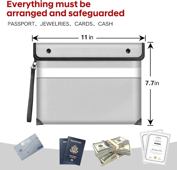 Fireproof Money Bag for Cash,Fireproof Document Bag 5200°F Heat Insulated,Safe Fireproof Storage Pouch with Zipper,8 Layers of Heat Insulated Materials,11 x 7.7 inch(Silvery)