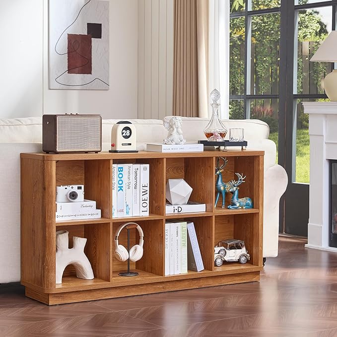 8 Cube Storage Book Shelf, 52" Long Horizontal Bookshelf with Curved Edge, Floor Standing Wooden Cubby Bookcase with Base, Modern Low Console Book Case, TV Stand for Living Room, Brown