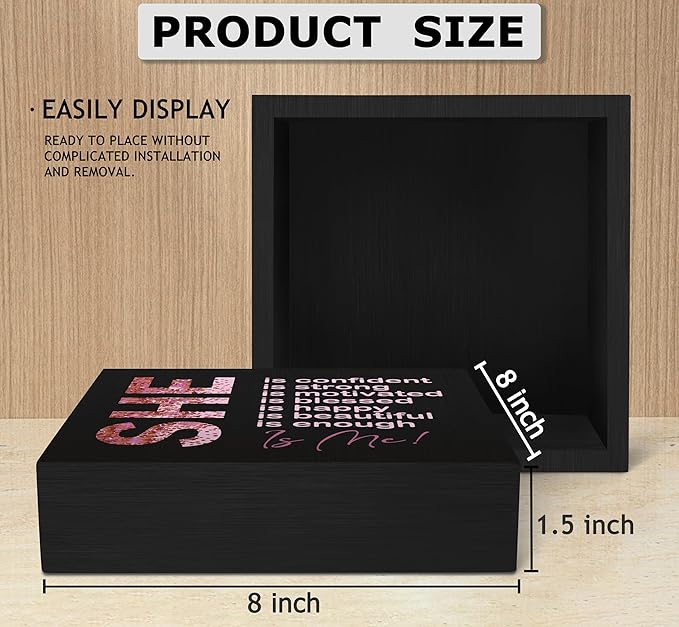 SRADMO Inspirational Woman Affirmation Wood Box Sign, Feminist Gifts, Female Women Empowerment Gifts, Motivational Positive Wooden Block Box Sign Decoration for Home Shelf Table Decor(Black), 8x8 Inch
