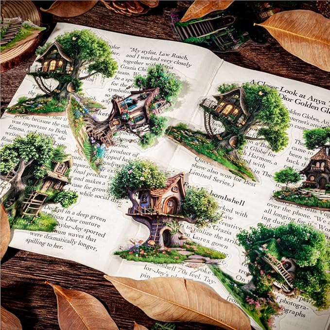 64 Pieces Aesthetic Fantasy Tree House PET Sticker Set, 4 Pack Vintage Magic Tree House Stickers for Scrapbooking, Journaling, DIY Crafts Arts, and Junk Journal Supplies