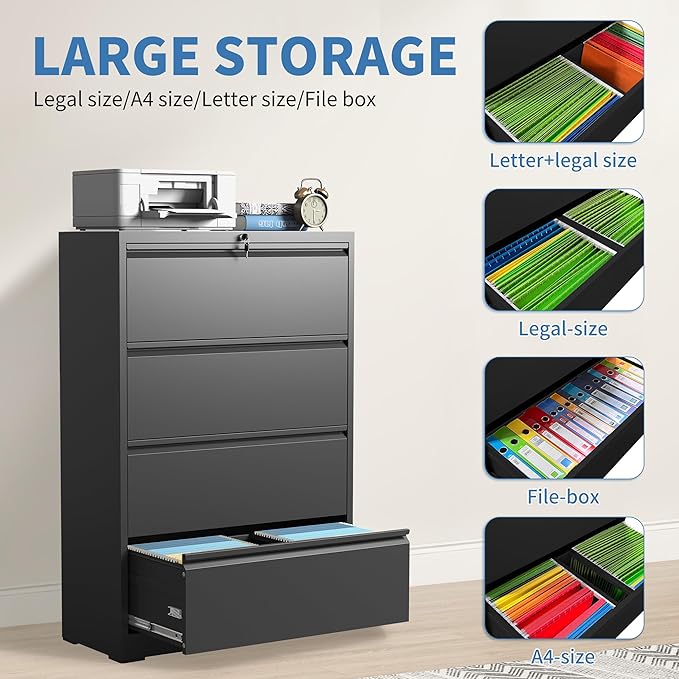 File Cabinets 4 Drawer,Metal Office Storage Filing Cabinet with Lock,Black Lateral Filing Cabinet for Home Office,Horizontal Locking File Cabinets for Legal/Letter/A4,Assembly Require,Black