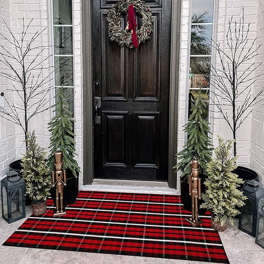 Christmas Plaid Outdoor Rug, 2'4" x 3'7" Red & Black Check Indoor/Outdoor Area Rug, Layering Rug for Hello/Welcome Door Mat, Machine Washable Cotton Woven Farmhouse Mat for Front Porch Décor