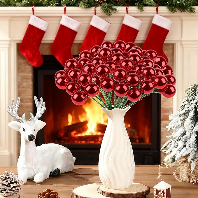 YIYA 18 PCS Christmas Tree Picks Ornaments Red Xmas Ornaments on Wired Stems Shatterproof Christmas Ball Picks Branches for Tree Vase Wreath Garland Indoor Outdoor Garden Holiday Party Decor