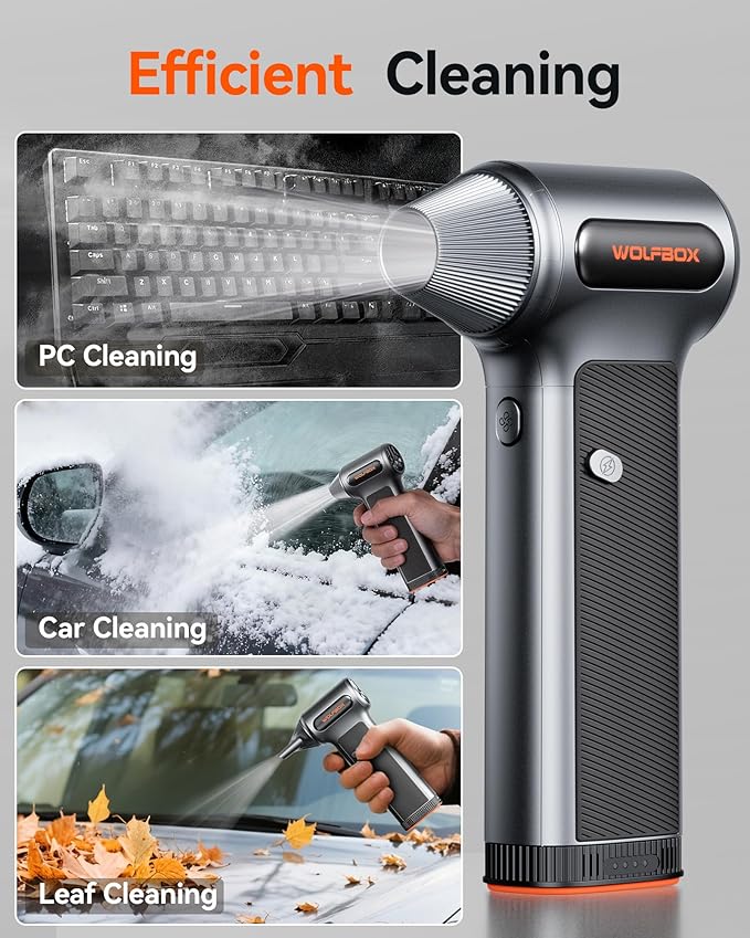 WOLFBOX MF200 Electric Air Duster with Removable Battery & 4 Nozzles, Cordless 3-Speed Adjustable Mini Blower for Computer Keyboard, Car Cleaning, Home, and Outdoor Use