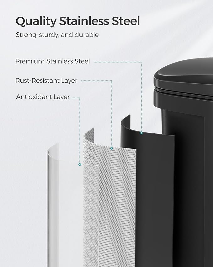 SONGMICS Trash Can, Garbage Can with Lid, 5.2-Gallon (20L) Step Trash Bin for Kitchen, Stainless Steel, Soft Close and Stays Open, Inner Bucket, Includes 15 Trash Bags, Black ULTB543B01