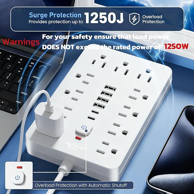 15 FT Flat Plug Surge Protector Power Strip,11 Multiple AC Outlets with 6 USB Ports (2 USB C), 15 Feet Extension Cord, 1250W/10A, One Touch Switch Button, White