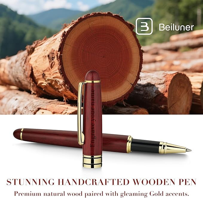 BEILUNER Luxury Personalized Wood Ballpoint Pen Writing Set,Rosewood-Elegant Fancy Nice Gift Pen Set for Signature Executive Business Office Supplies - Christmas Gift Boxed with Extra Refills (Black)